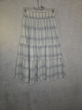 Faherty Dune Cotton Gauze Woodstock Tiered Maxi Skirt Sz M Blue Cove Plaid Boho